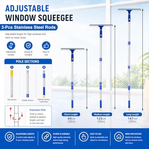 Window Squeegee with Extension Pole, Separate 12" Squeegee & 11" Microfiber Scrubber Heads, Window Cleaning Kit for Hard-to-Reach Windows, Shower Doors, Car Windshields, Indoor Outdoor-2 Pads - Image 3