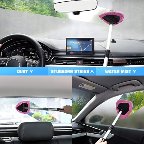 Extendable Car Windshield Cleaning Tool with Microfiber Pads, Pink - Image 5