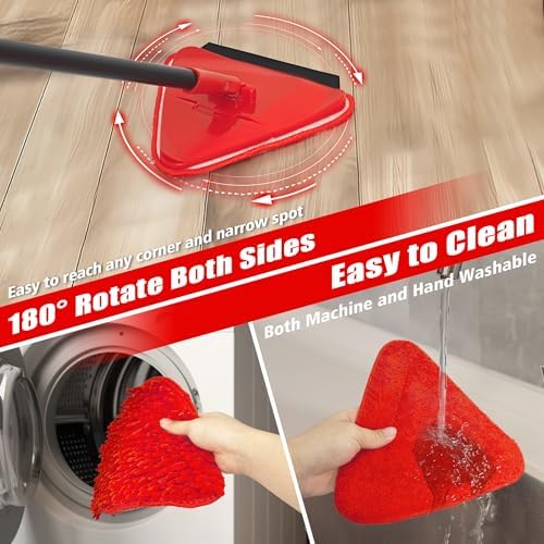 NEWE Wall Mop Cleaner, 80 inches Long Handle, 180° Folding Ceiling Cleaning Tool with Squeegee for Washing Painted Walls, Triangle Baseboard Scrubber with 3 Chenille Duster and 3 Microfiber Pads (Red) - Image 6