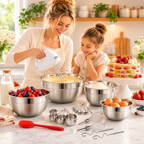 WEPSEN 5-Speed Electric Hand Mixer, 4 Large Mixing Bowls Set, Handheld Mixers with Whisks Beater, Stainless Steel Metal Nesting Bowl Measuring Cups Spoons Kitchen Cake Blender for Baking Supplies - Image 2