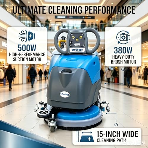 Emotor 15'' Foldable Walk Behind Floor Scrubber Machine Hand Push Scrubber Machine for Industrial Commercial Usem,Upgrade Automatic Water Flow, Machine Size 32"X18"X25"(Blue) - Image 3