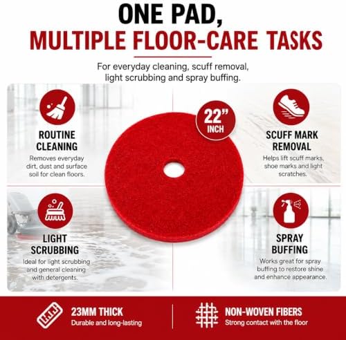 22 Inch Red Floor Cleaning Pads, 5 Pack, 23mm Thick Floor Machine Pads for Cleaning, Scrubbing, Buffing and Floor Maintenance, for Rotary Machines, Buffers and Auto Scrubbers - Image 2