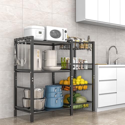 Hastatii Storage Rack Kitchen Baker's Rack - 3 Tiers 4 Baskets, Utility Coffee Bar, Air Fryer Stand with Steel Mesh Baskets - Image 2
