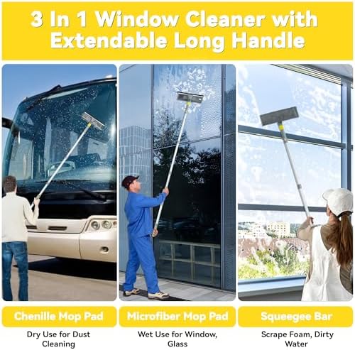 JEHONN Window Cleaning Squeegee Kit, 64 inches Tall Professional Shower Glass Washing Equipment, 3 in 1 Wall Cleaner Duster with Extension Pole for Home Indoor Outdoor Mirror Car Windshield - Image 3
