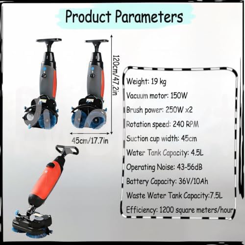 17" Commercial Floor Scrubber, 17" Floor Machine,43cm Dual-Brush Walk-Behind Machine Portable Commercial Floor Scrubber,Rotary Double Brushes, for Home, Office & Bathroom Gray - Image 7