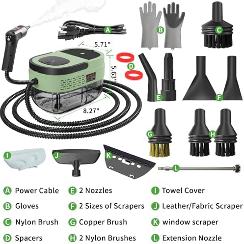 Handheld Steam Cleaner for Home, 2500W High Temperature Pressurized Machine, 1.6L Water Tank, Handle-controlled Steam Output, Portable Cleaning Steamer for Car, Bed Bugs, Furniture (Green, 16 PCS) - Image 2