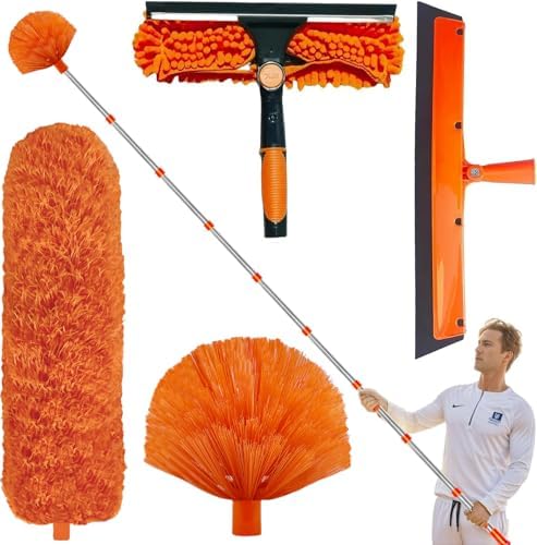 20+ Feet High Reach Duster Kit with 3-14 ft Extension Pole // High Ceiling Dusting and Window Cleaning Kit with Spliceable Pole - Window Washer & Squeegee, Cobweb Duster, Fan Blade and Feather Dusters by Tonmp