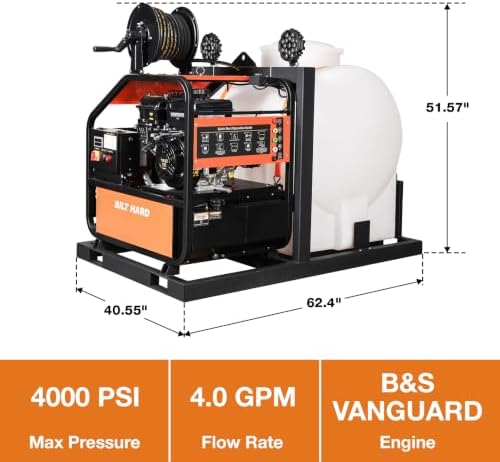 BILT HARD 4000 PSI 4 GPM Hot Water Pressure Washer with B&S Vanguard E-Start Engine and AR Pump, 171 Gal Water Tank, Skid Mounted Gas Powered Washer with Hose Reel, 49-State Compliant - Image 2