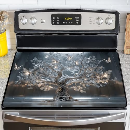 NYZE 28" x 20" Electric Stove Top Cover - Silver Tree of Life Glass Stovetop Protector Mat, Heat Resistant Silicone Stove Topper & Counter Space Saver for Modern Kitchen Decor by GIVEYOUTHEBEST