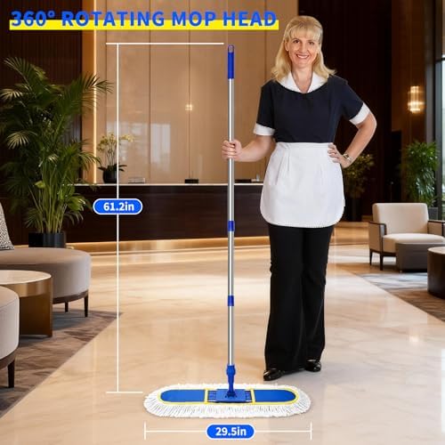 29.5" Commercial Dust Mop for Floor Cleaning,Heavy Duty Floor Duster with 2 Cotton Reusable Mop Pads,61” Long Handle Wet Dry Flat Mops for Hardwood Floors,Marble, Laminate,Tile,Concrete,Garage (Blue) - Image 2