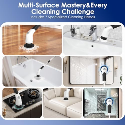 Cordless Electric Spin Scrubber, IPX7 Waterproof Rechargeable Power Cleaning Brush with 4000mAh Battery, 210min Runtime, 7 Brush Heads, 3 Adjustable Speeds, for Shower, Tub, Tile, Kitchen, Floor - Image 4