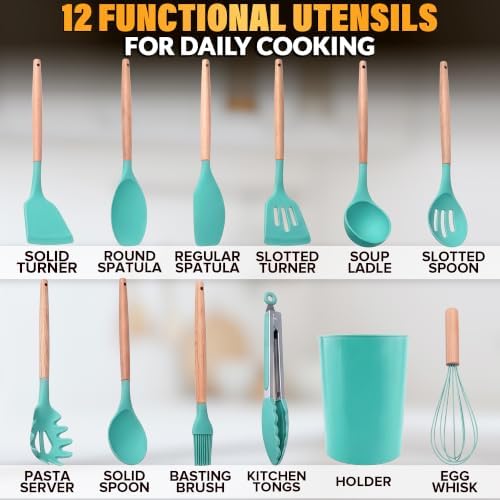 12 Pcs Cooking Kitchen Accessories Set with Holder, Silicone Heads (Teal) - Image 2