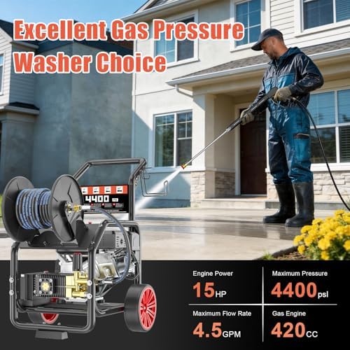 4400PSI Gas Pressure Washer with Hose Reel, One-Button Start 420cc 15HP 4-Cycle Engine, 4.0 GPM Heavy Duty Power Washer with 50FT 3/8" Hose, Spray Gun & Wand, 5 Quick Connect Nozzles - Image 2