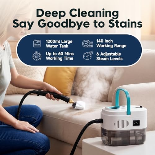 KEROMEE Steam Cleaner, 1500W High Pressure Steamer with 1.27Qt Tank, 15s Fast Heat, 6-Level Adjustable Steam, Portable Machine with 15pcs Kit for Dirt, Grease, Grout, Tile, Floor, Car Detailing - Image 4