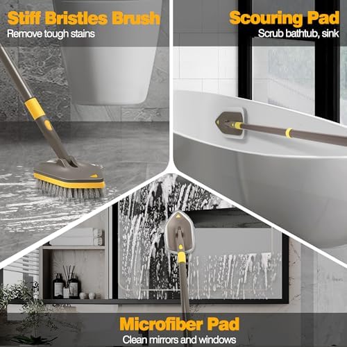 NEWE Shower Cleaner Brush, Tub Tile Scrubber with Telescopic Long Handle 56 inches, 4 Scrub Heads for Cleaning Bathroom Bathtub Floor Baseboard Sink Kitchen Toilet (Brown Yellow) - Image 3