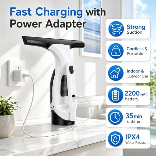 Window Vacuum Squeegee Cordless, 2000Pa Electric Window Cleaner Tool, 150ml Tank, 2200mAh Electric Window Glass Squeegee 280mm Wide Blade, 150ml Tank, Window Cleaning Kit for Glass Mirror Tile Car - Image 4