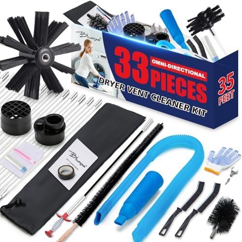 Dryer Vent Cleaner Kit, Bluesea 33-Piece Omnidirectional Dryer Cleaning Kit Include 35 Feet Dryer Vent Brush, Upgrade Noiseless Dryer Lint Vacuum Attachment, Lint Trap Brush, Vacuum & Dryer Adapters by Bluesea
