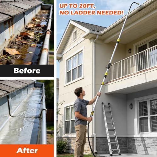 24FT Reach 8-15FT Telescopic Pole Gutter Cleaning Tools from Ground, Up to 24FT Reach, Flexible Wand, Adjustable Flow for Garden, Roof Gutters, Leaves & Debris Removal - Image 3