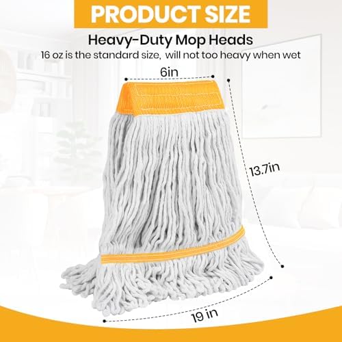 (1PK) Commercial Mop Head Replacement 16 oz, Heavy Duty Wet Industrial Mop Refills for Floor Cleaning, Cotton, String, Loop-Ended, 4.5” Headband, Janitor Supplies - Image 7