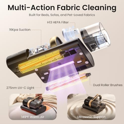 HEAPETS Mattress Vacuum Cleaner, 16Kpa Bed Vacuum with 275nm UV-C Light & 149℉ Heat & Ultrasonic, Dual High-Speed Roller Brushes & H13 HEPA Filter for Pet Hair, Bed, Sofa, Couch, Corded Black - Image 5