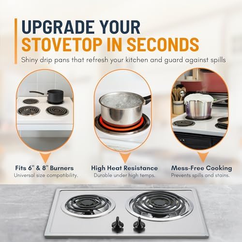 Electric Stove Drip Pans Set of 4 (2 x 6-Inch & 2 x 8-Inch) Stove Drip Pans for Electric Stove for Whirlpool, Maytag, KitchenAid & More - Compatible with W10196405 & W10196406 Stove Burner Drip Pan - Image 4