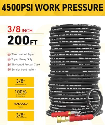3/8'' Pressure Washer Hose 200ft with Swivel Quick Connect, 4500 PSI - Image 2