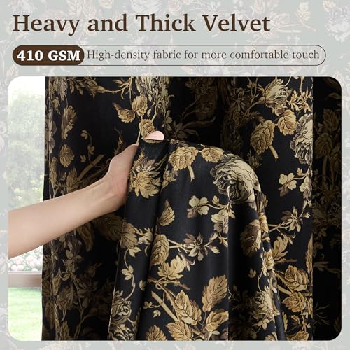 StangH Gold 100% Blackout Floral Velvet Curtains 108 Inch 2 Panels - Image 2