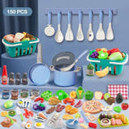 150Pcs Kitchen Playset, Toddlers Pretend Cooking Cookware Accessories, Food, Picnic Blanket, Fruits, Veges, 2Pack Shopping Storage Basket, Dessert and Prop Money, Gift for Kids (Blue) - Image 2