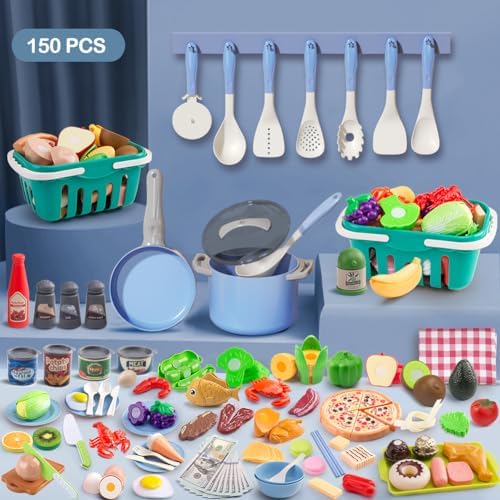 150Pcs Kitchen Playset, Toddlers Pretend Cooking Cookware Accessories, Food, Picnic Blanket, Fruits, Veges, 2Pack Shopping Storage Basket, Dessert and Prop Money, Gift for Kids (Blue) - Image 2