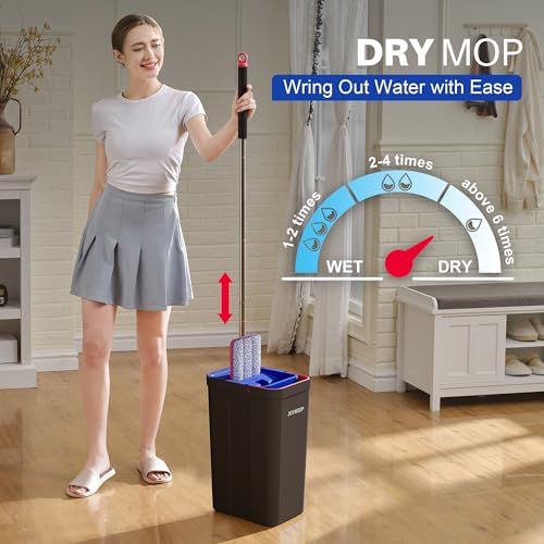 JOYMOOP Mop and Bucket with Wringer Set, Hands Free Flat Floor Mop and Bucket, with 4 Washable Microfiber Pads, Wet and Dry Use, Floor Cleaning System - Black+Red+Slate Blue - Image 3
