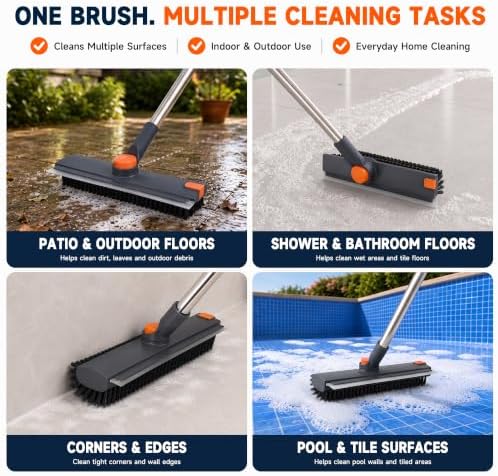 Floor Scrub Brush with Long Handle, 3-in-1 with Squeegee & Stiff Bristles - Image 5