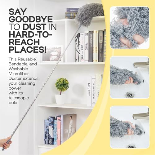 Microfiber Feather Duster with Extension Pole 100 Inches, (8 PCS), Cleaning Brush, Dusters for Cleaning High Ceilings, Cobwebs, Blinds, Cars, Reusable, Washable, Extendable, Ceiling Fan Cleaner Duster - Image 4