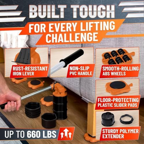 Furniture Lifter Tool with 4 Appliance Rollers 660 Lbs - Furniture Lifters for Heavy Furniture Movers with Wheels Furniture Lift Mover Tool Set - Heavy Furniture Sliders Moving Furniture Gliders - Image 7