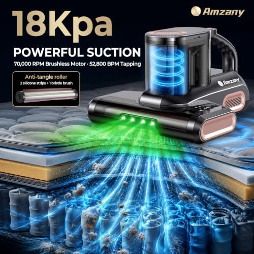 Amzany Cordless Mattress Vacuum Cleaner, 18Kpa Bed Vacuum with 253.7nm UV-C Light & Ultrasonic, 52800 BPM Tapping, 3-Stage HEPA, Green Light Dust Detection for Bed Sofa Couch Crib Pet Hair - Image 3