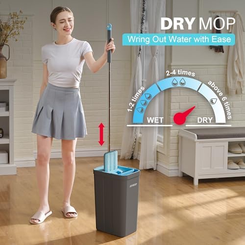 JOYMOOP Mop and Bucket Set, Mops for Floor Cleaning, Wall Mop Cleaner with Long Handle, with 6 Reusable Microfiber Mop Pads - Grey+Cyan Blue - Image 3