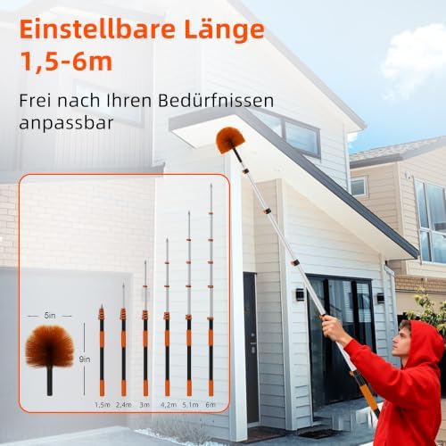 26 FT Reach Cobweb Duster with 5-20FT Telescoping Pole, Dual Action Flip-Lock & Screw Fixing Design, Washable Reusable Duster for High Ceilings, Fans & Home Cleaning - Image 2