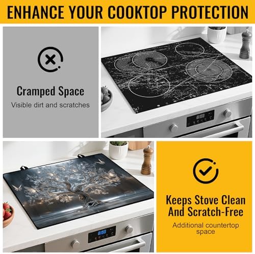 NYZE 28" x 20" Electric Stove Top Cover - Silver Tree of Life Glass Stovetop Protector Mat, Heat Resistant Silicone Stove Topper & Counter Space Saver for Modern Kitchen Decor - Image 5