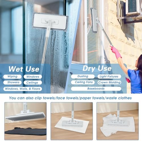 2 in 1 Disposable Dust Mop with 3 Shiny Towels Wipes Cleaning Cloths, 360° Rotating Snap Grip Mini Mop with Automatic Cloth Changing, Wall Cleaning Tool for Window Glass Wall Floor (White) - Image 6
