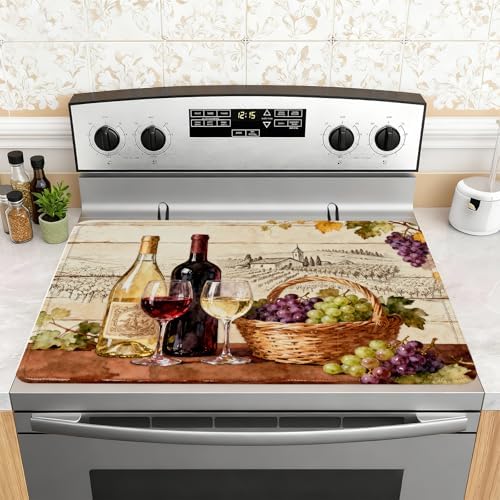 Red Wine Glass Grapes Stove Top Cover for Electric Stove, Vintage Wine Bottle Covers for Electric Stove, Rubber Dish Drying Mat, Glass Cooktop Covers, Flat RV Range top Mats, 28"x20" by Unknown