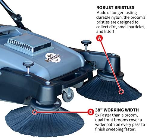 Tomahawk Industrial 38" Walk Behind Push Sweeper with Triple Power Side Brooms Floor Cleaning of Dust Litter Grass - Image 4