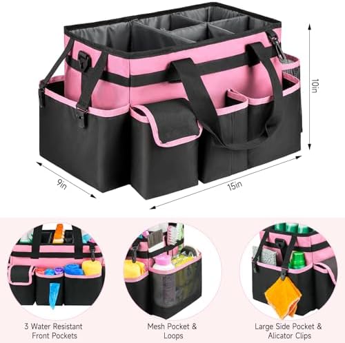 Cleaning Caddy,Large Cleaning Bags for Housekeepers,Cleaning Supplies Organizer with Handle,Pink - Image 4