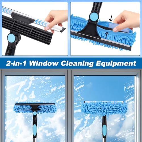 Window Squeegee Cleaner Tool with Extension Pole: 2-in-1 Window Cleaning Kit - 86.6 Inch Telescopic Long Window Cleaning Tool for High Windows Car Glass - with 2 Microfiber Cloth & Squeegee Blade - Image 4