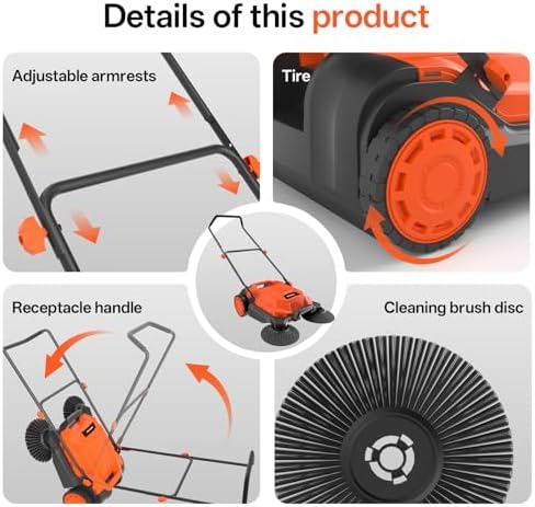 MAXLANDER 26-Inch Walk-Behind Floor Sweeper, Manual Push Cleaner with 6.3-Gallon Dust Container, Adjustable Folding Handle for Garage, Patio, Sidewalk & Yard - Image 5
