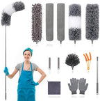 12pcs Microfiber Dusters, Duster with Extension Pole(Stainless Steel) 30 to 100'', Washable Dusters, Bendable Extendable Long Feather Duster for Cleaning Fan, High Ceiling, Blinds, Furniture, Cars by SNOPIC