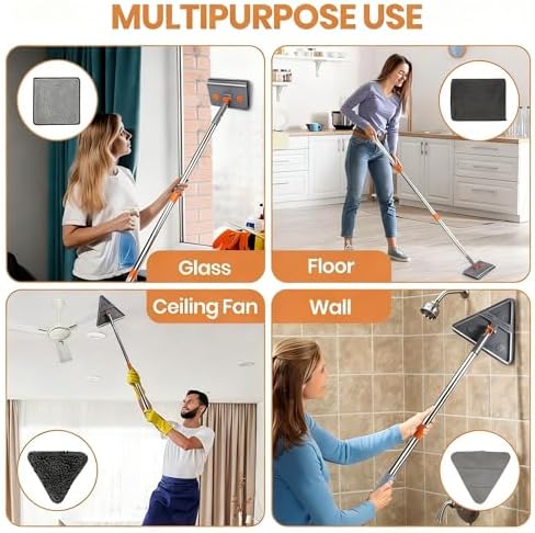 85'' Wall & Ceiling Mop with Long Handle, Wall and Baseboard Cleaner Tool, 2 Mop Heads (Triangle Corner + Square), 8 Reusable Washable Pads (Chenille/Microfiber/Scrub) for Shower Walls, Tile, Floors - Image 7