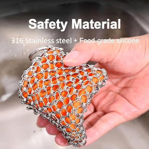2026 Upgrade 316 Stainless Steel Pan Cleaner,4.5 Inch Triple-Ring Chain Mail Scrubber with Silicone Core, Cast Iron Pot Brush for Easier Removal of Stubborn Oil Stains & Food Residue–Orange - Image 4