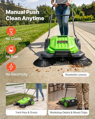 VEVOR Walk-Behind Hand Push Floor Sweeper, Manual Floor Sweeper Non-Electric with 25.6" Sweeping Width, 5 Gallons Waste Container & Adjustable Folding Handle for Yards Walkways Patios Garages - Green - Image 3