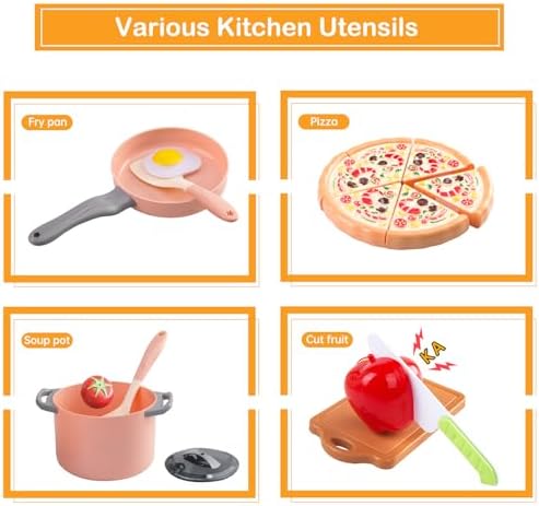 150Pcs Kitchen Playset, Toddlers Pretend Cooking Cookware Accessories, Food, Picnic Blanket, Fruits, Veges, 2Pack Shopping Storage Basket, Dessert and Prop Money, Gift for Kids (Pink) - Image 4
