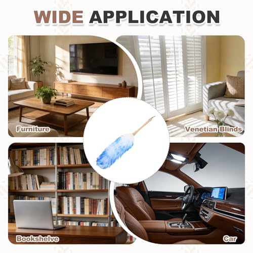 uxcell Wool Duster, 24.4" Natural Feather Cleaner Household Cleaning Duster with Solid Wooden Handle for Cleaning Fans Window Blinds Shelves Furniture, White Blue - Image 7