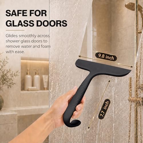 Shower Squeegee for Glass Doors, No-Drill Hanging Shower Door Cleaner for Glass,Silicone Bathroom Squeegee with Built-in Hook, Window, Mirror, Tile, Streak-Free Wiper, Black - Image 5